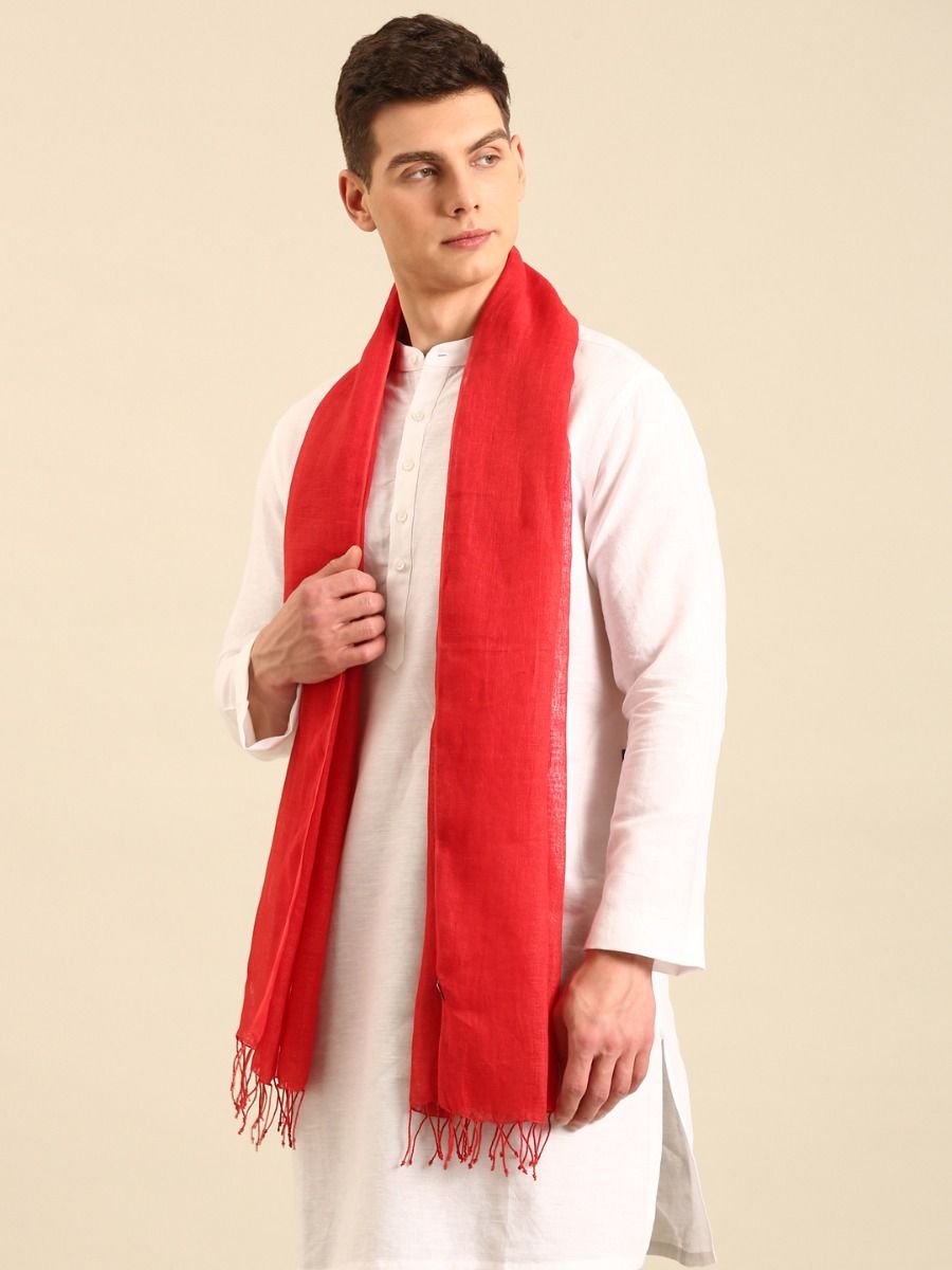 Linen Club Unisex Red Solid Linen Stole