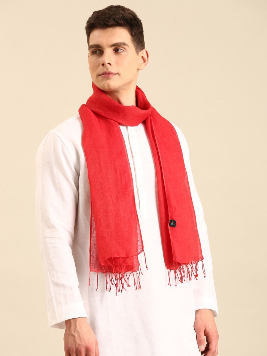 Linen Club Unisex Red Solid Linen Stole