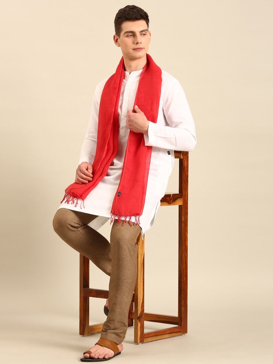 Linen Club Unisex Red Solid Linen Stole