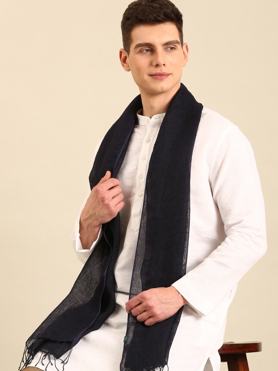 Linen Club Unisex Navy Printed Linen Stole