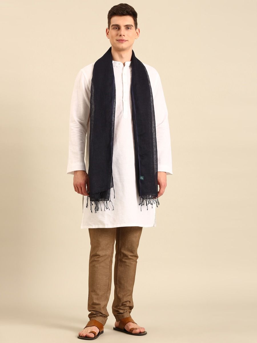Linen Club Unisex Navy Printed Linen Stole