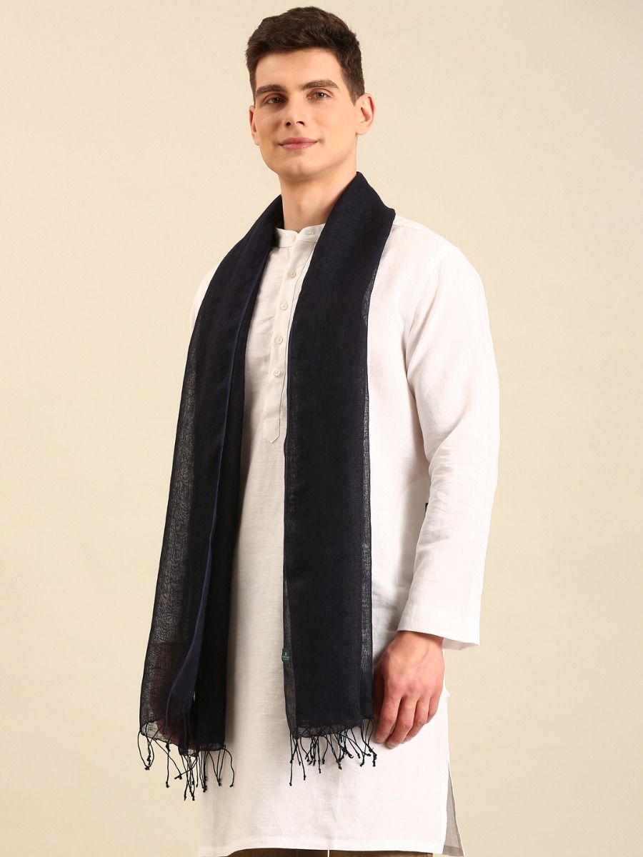 Linen Club Unisex Navy Printed Linen Stole