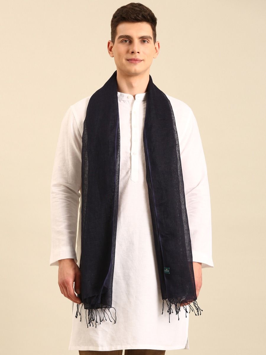 Linen Club Unisex Navy Printed Linen Stole