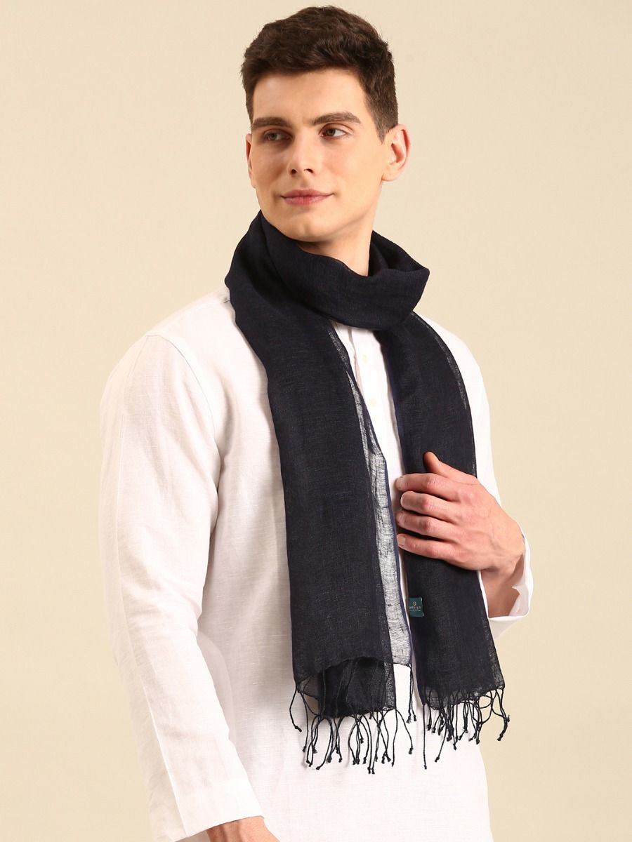 Linen Club Unisex Navy Printed Linen Stole