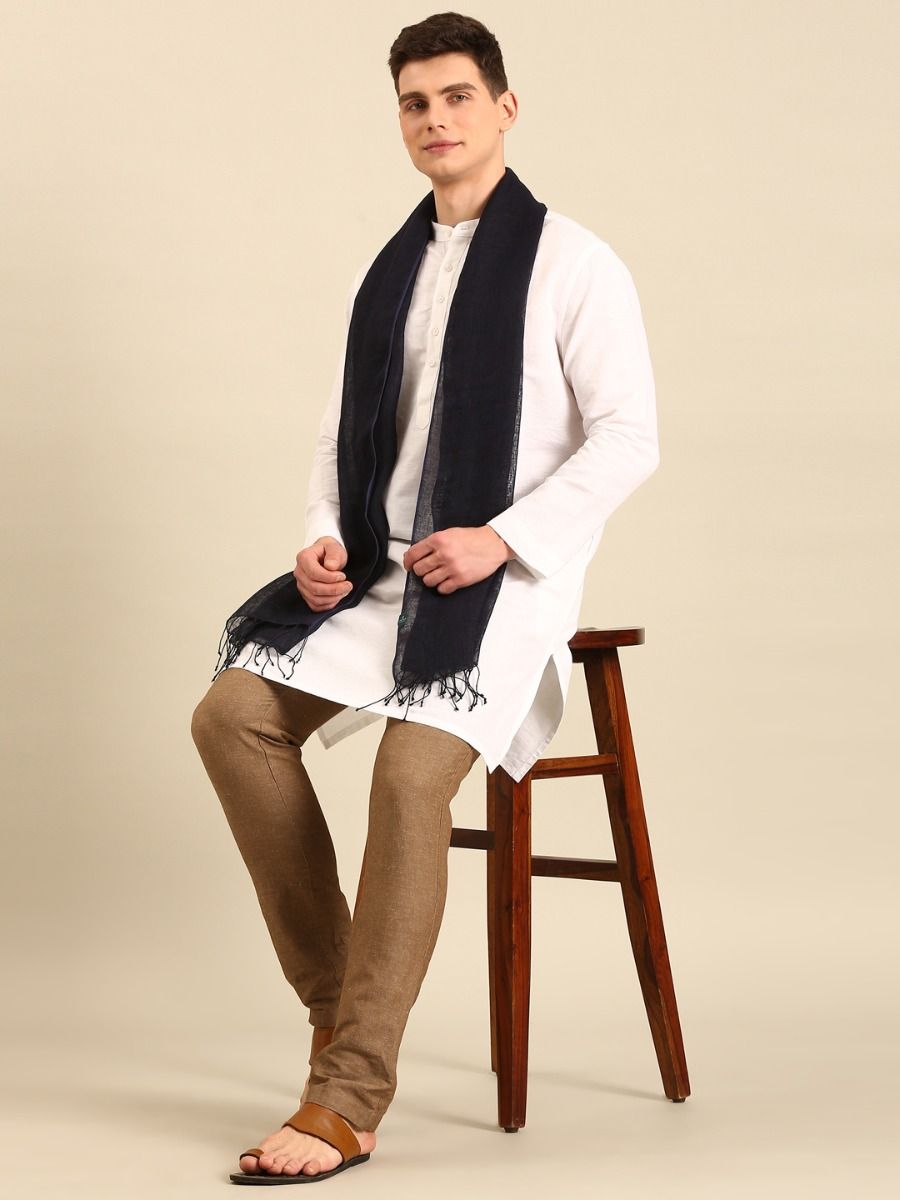 Linen Club Unisex Navy Printed Linen Stole