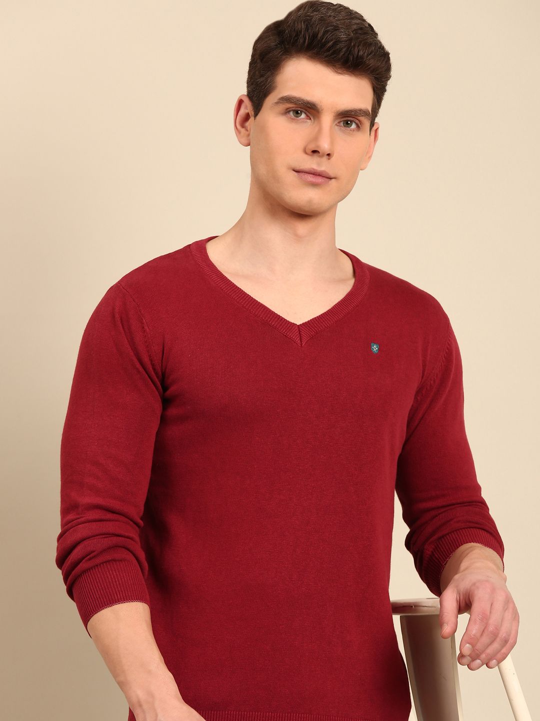 Linen Club Men's Linen Rich Maroon Solid Contemporary Fit Full Sleeve V-Neck T-Shirts