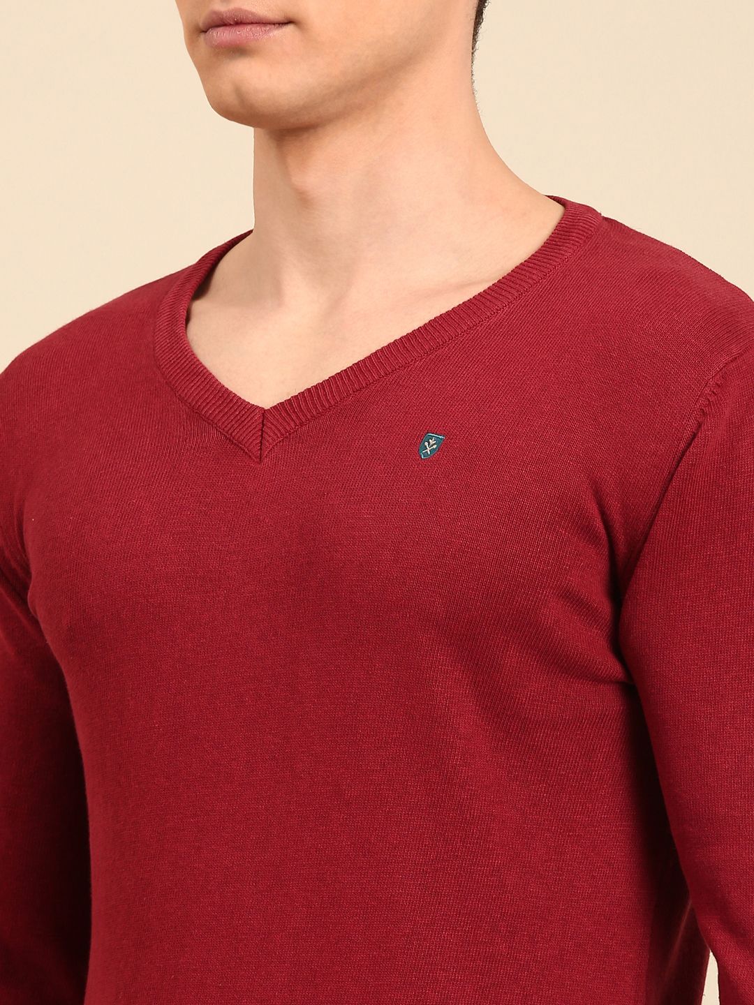 Linen Club Men's Linen Rich Maroon Solid Contemporary Fit Full Sleeve V-Neck T-Shirts