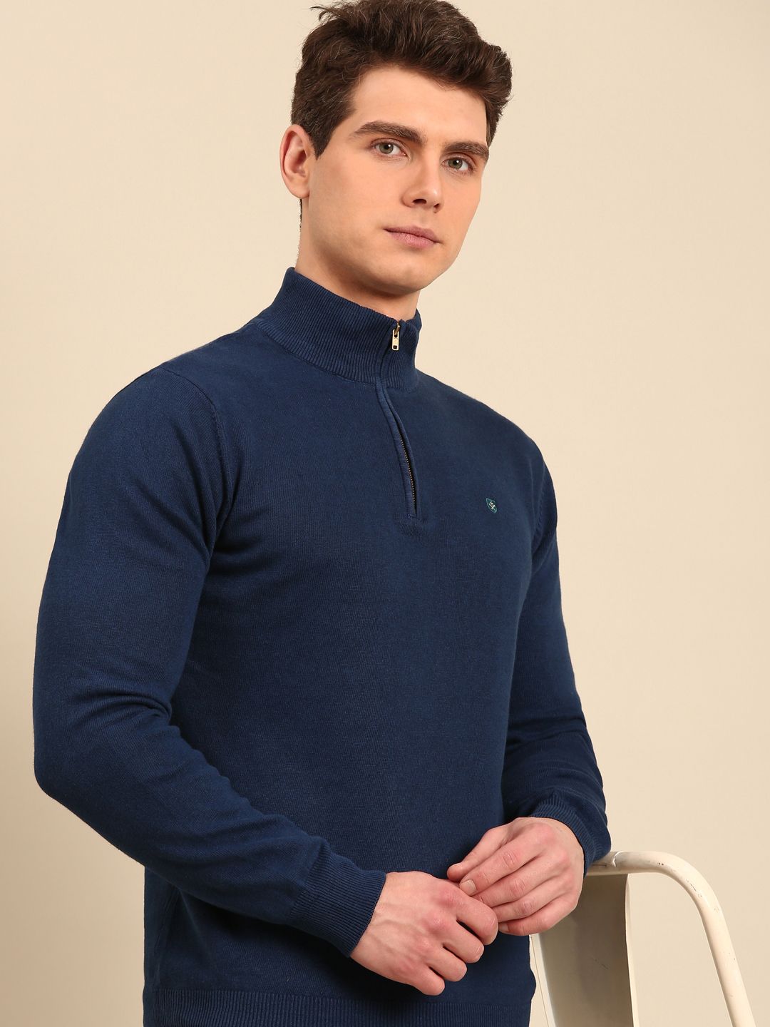 Linen Club Men's Linen Rich Navy Solid Contemporary Fit Full Sleeve Mock Collar T-Shirts