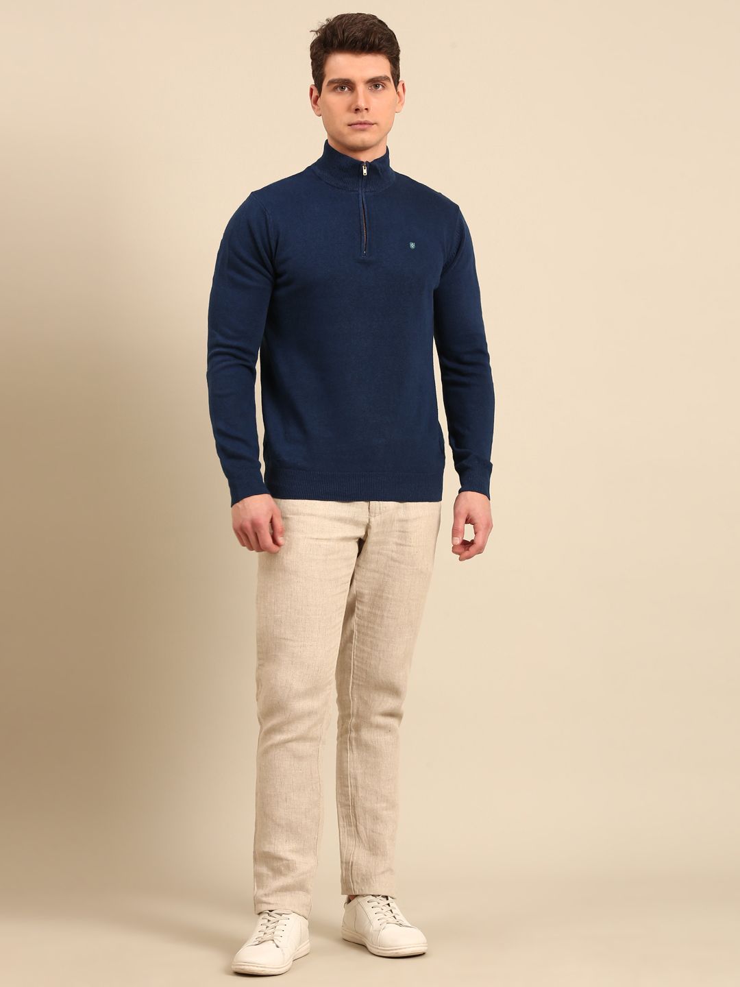 Linen Club Men's Linen Rich Navy Solid Contemporary Fit Full Sleeve Mock Collar T-Shirts