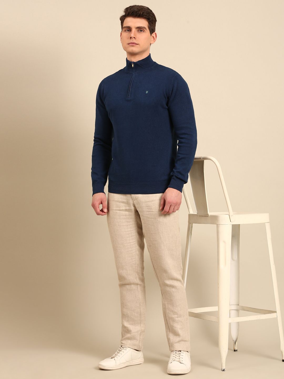 Linen Club Men's Linen Rich Navy Solid Contemporary Fit Full Sleeve Mock Collar T-Shirts