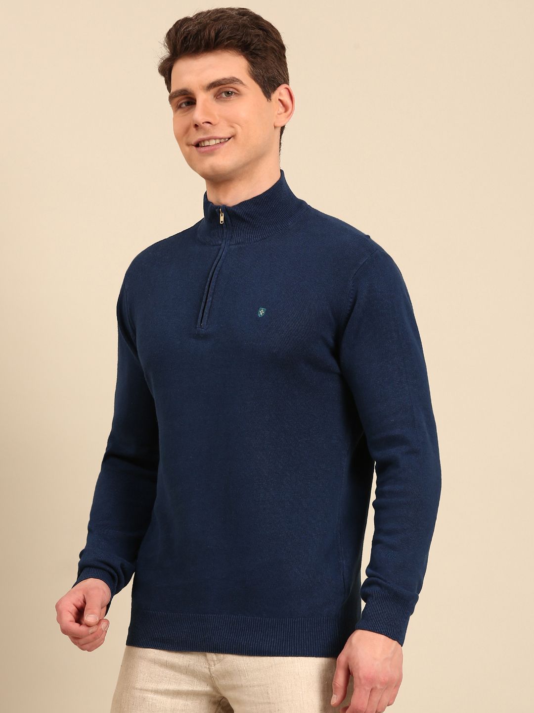 Linen Club Men's Linen Rich Navy Solid Contemporary Fit Full Sleeve Mock Collar T-Shirts