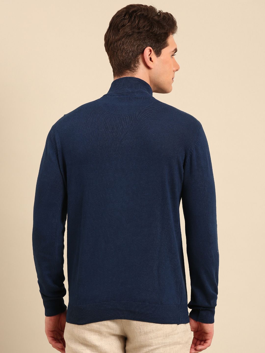 Linen Club Men's Linen Rich Navy Solid Contemporary Fit Full Sleeve Mock Collar T-Shirts