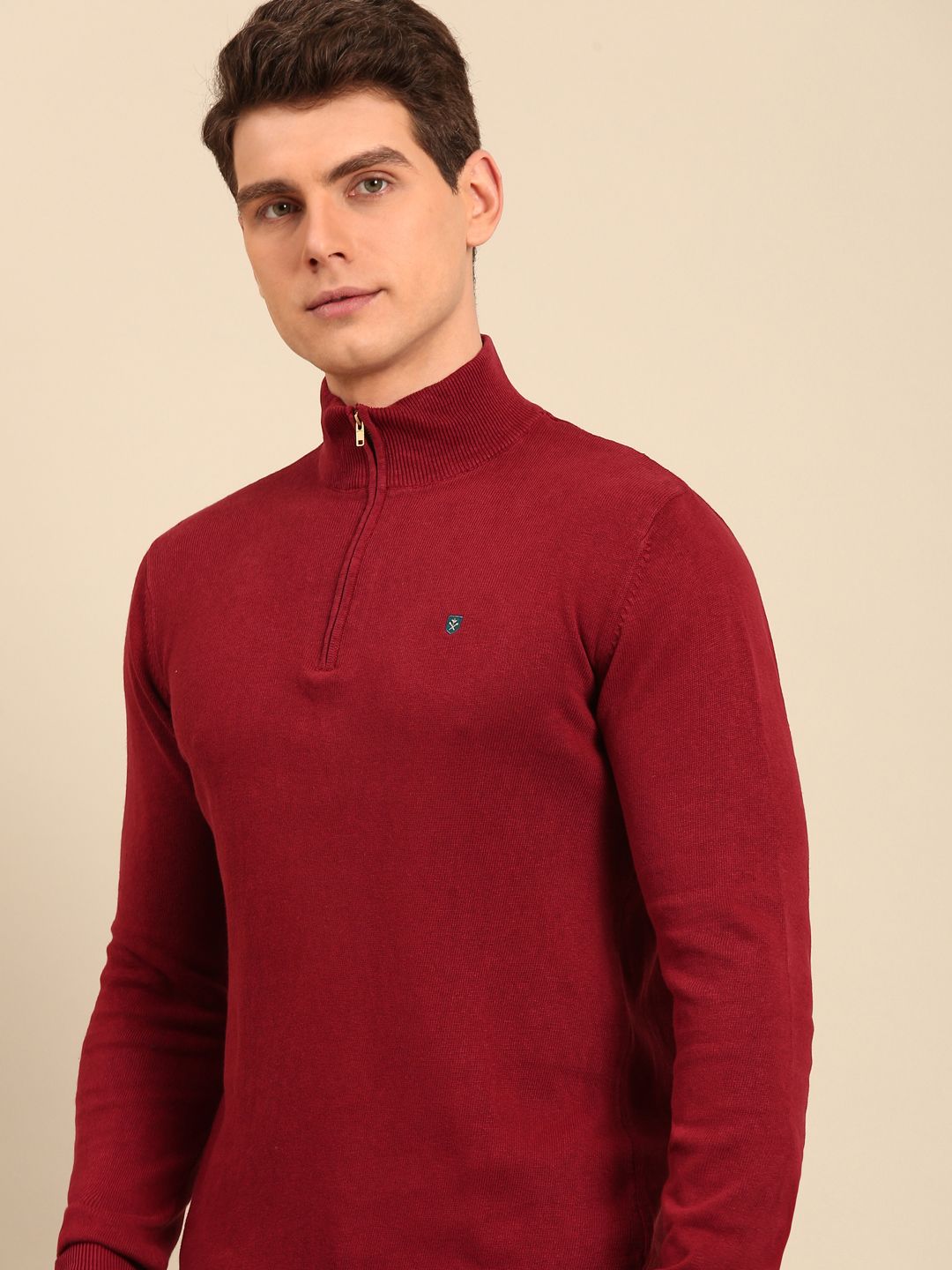 Linen Club Men's Linen Rich Maroon Solid Contemporary Fit Full Sleeve Mock Collar T-Shirts