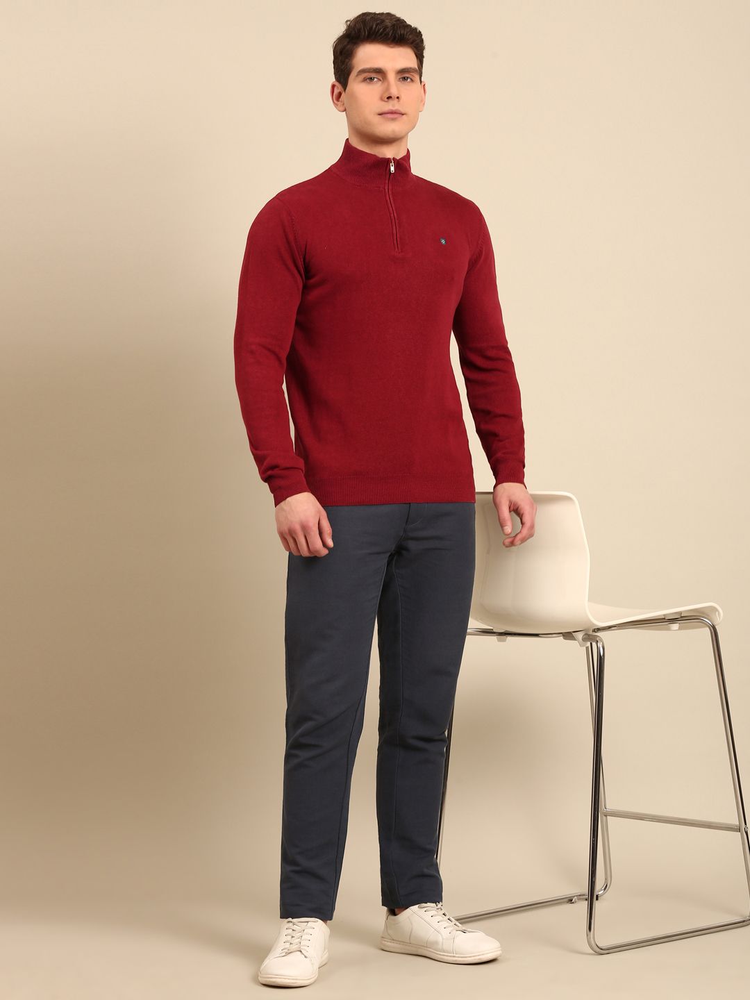 Linen Club Men's Linen Rich Maroon Solid Contemporary Fit Full Sleeve Mock Collar T-Shirts