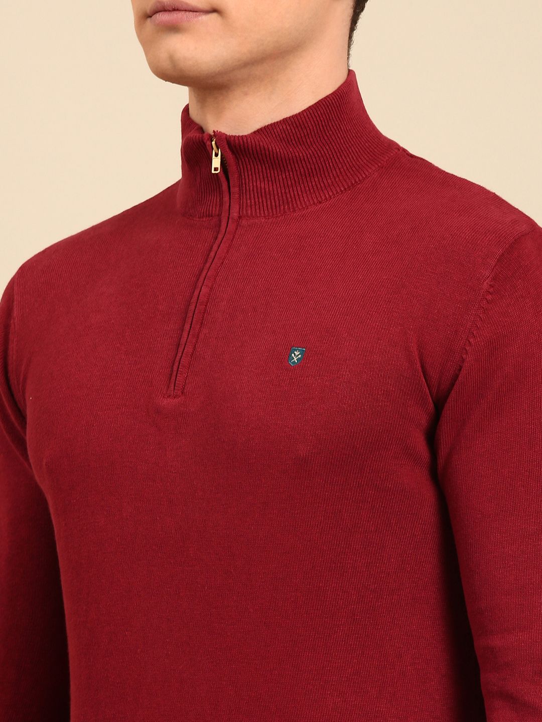 Linen Club Men's Linen Rich Maroon Solid Contemporary Fit Full Sleeve Mock Collar T-Shirts