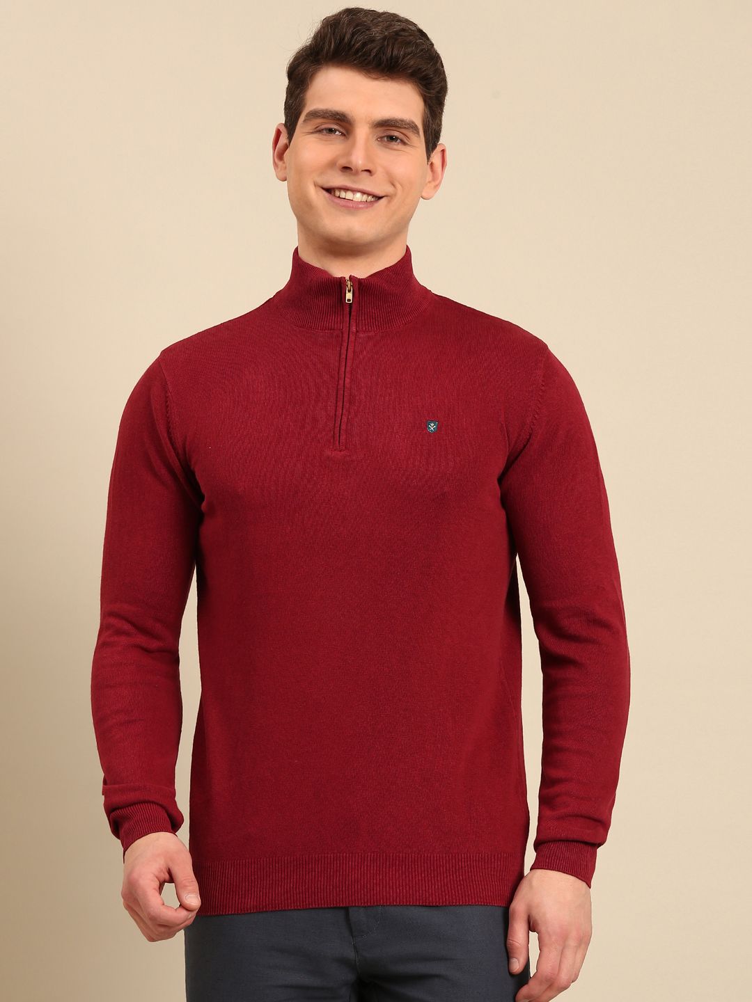 Linen Club Men's Linen Rich Maroon Solid Contemporary Fit Full Sleeve Mock Collar T-Shirts