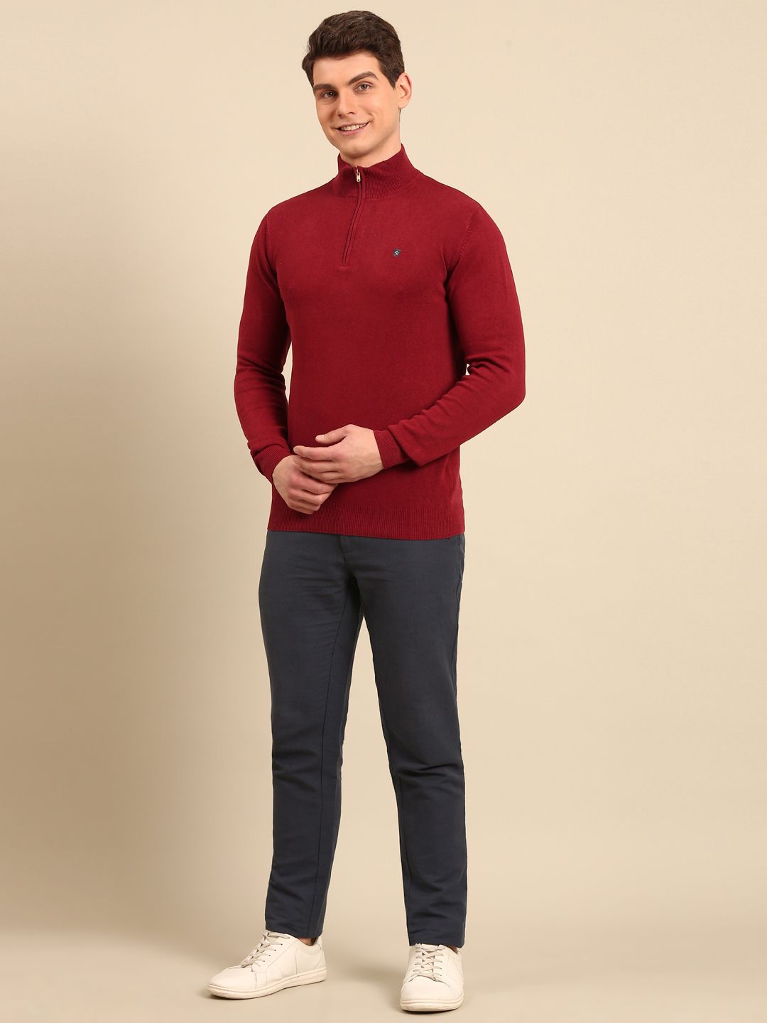 Linen Club Men's Linen Rich Maroon Solid Contemporary Fit Full Sleeve Mock Collar T-Shirts
