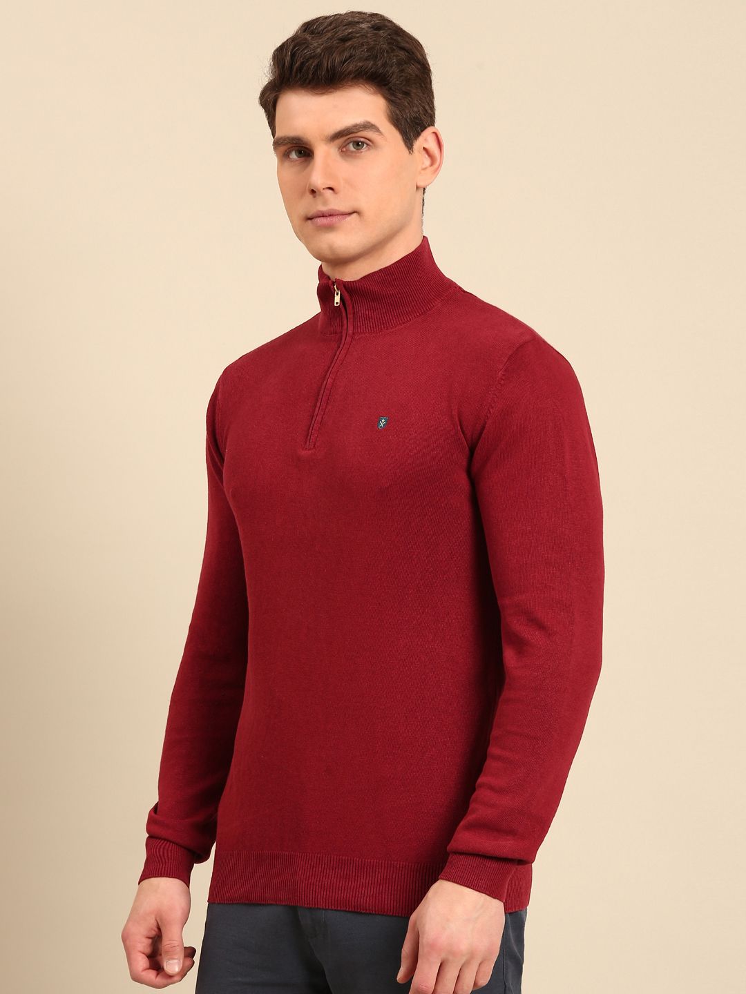 Linen Club Men's Linen Rich Maroon Solid Contemporary Fit Full Sleeve Mock Collar T-Shirts