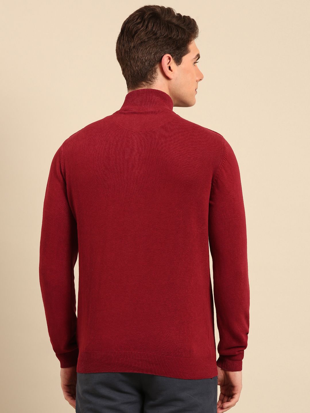 Linen Club Men's Linen Rich Maroon Solid Contemporary Fit Full Sleeve Mock Collar T-Shirts