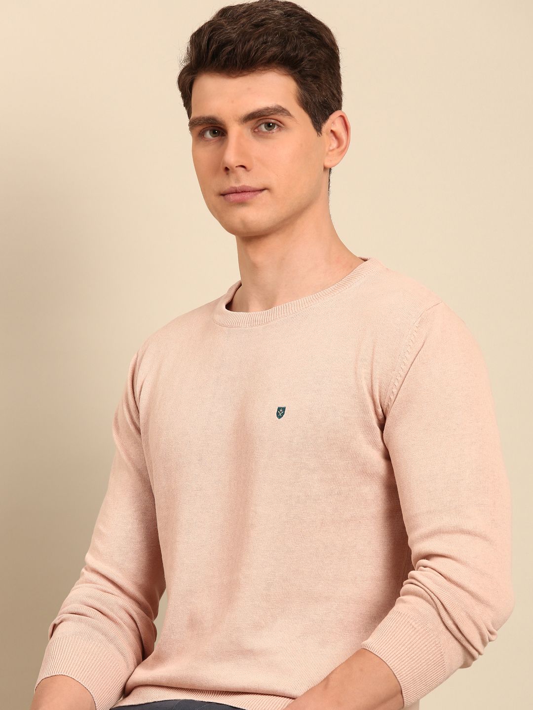 Linen Club Men's Linen Rich Off White Solid Contemporary Fit Full Sleeve Round Neck T-Shirts