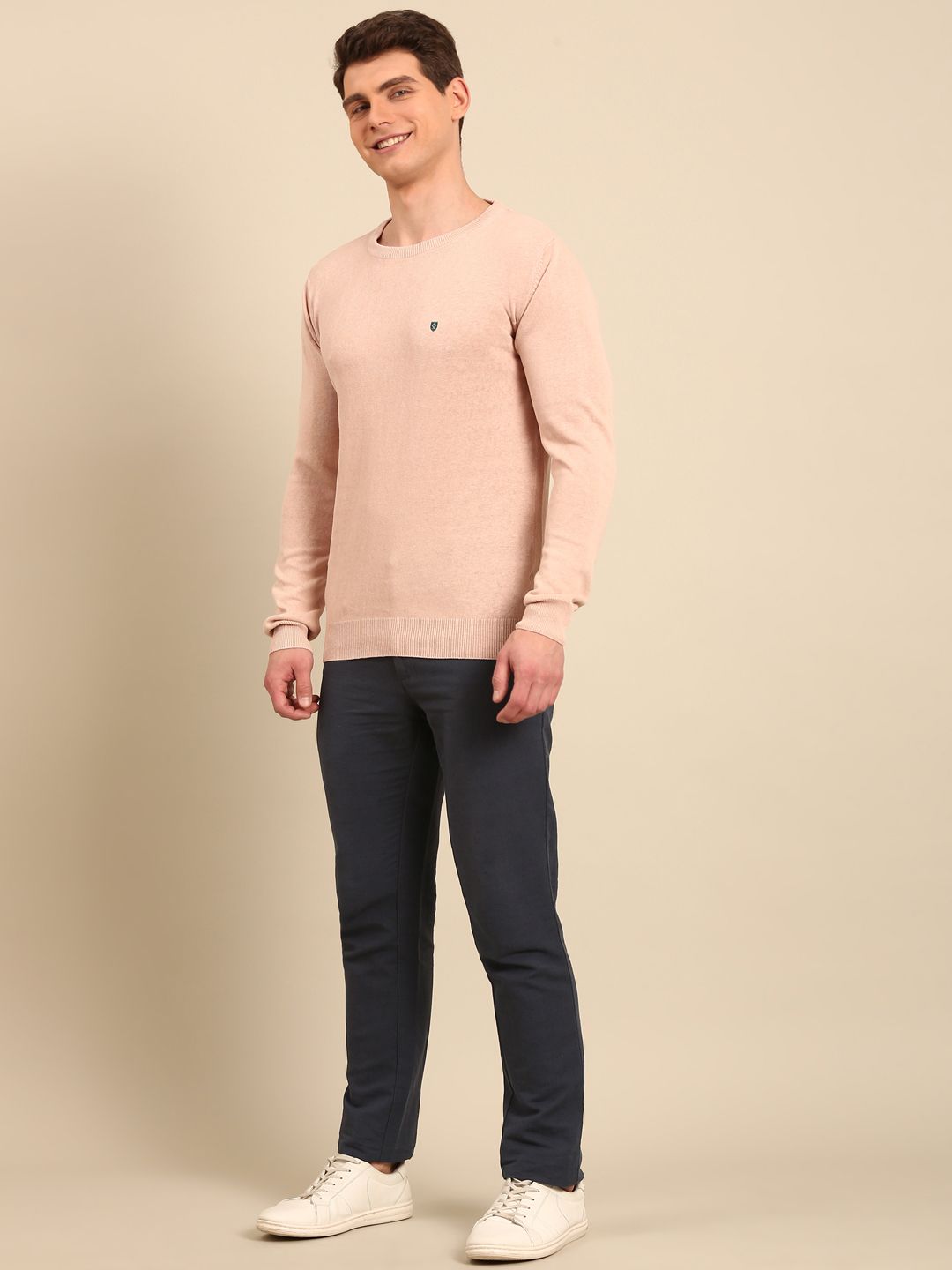 Linen Club Men's Linen Rich Off White Solid Contemporary Fit Full Sleeve Round Neck T-Shirts