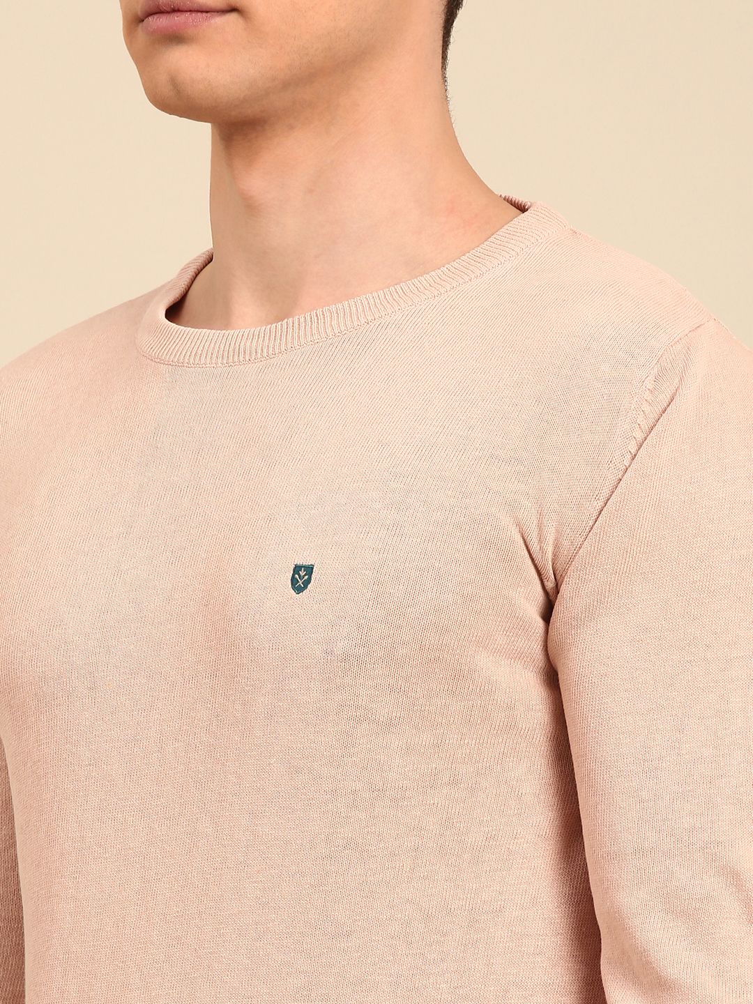 Linen Club Men's Linen Rich Off White Solid Contemporary Fit Full Sleeve Round Neck T-Shirts