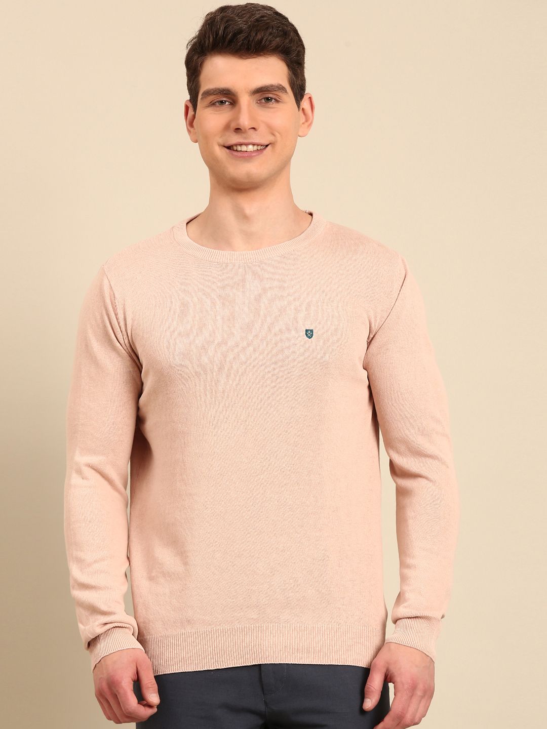 Linen Club Men's Linen Rich Off White Solid Contemporary Fit Full Sleeve Round Neck T-Shirts
