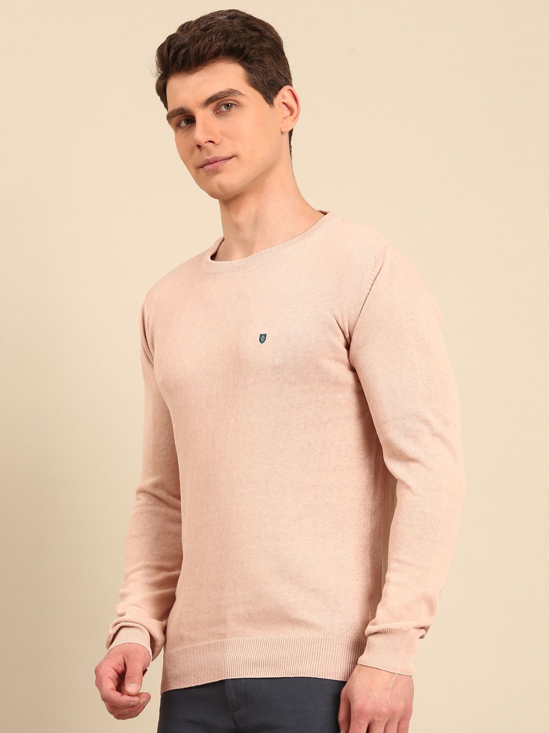 Linen Club Men's Linen Rich Off White Solid Contemporary Fit Full Sleeve Round Neck T-Shirts