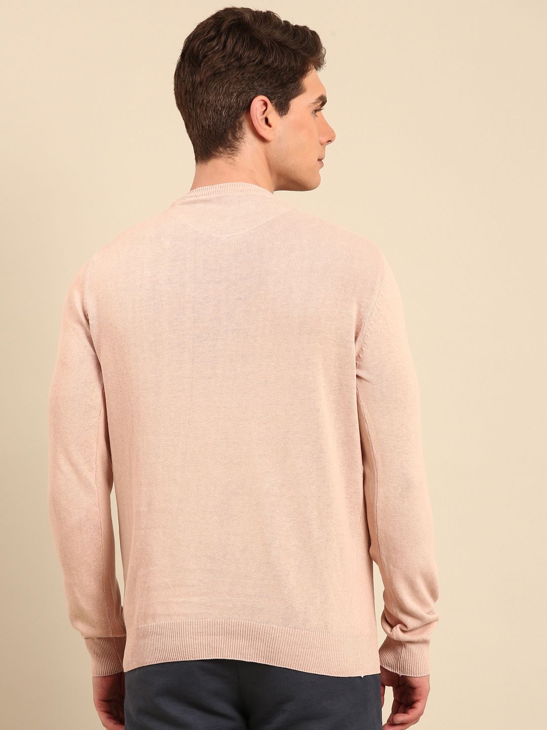 Linen Club Men's Linen Rich Off White Solid Contemporary Fit Full Sleeve Round Neck T-Shirts
