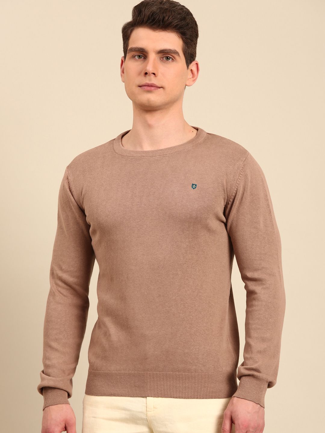 Linen Club Men's Linen Rich Brown Solid Contemporary Fit Full Sleeve Round Neck T-Shirts