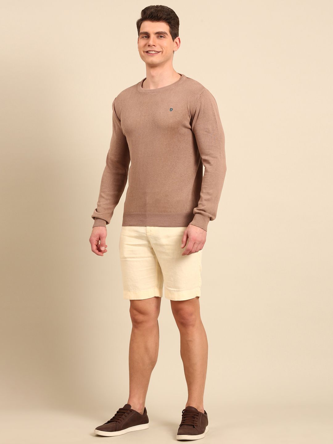 Linen Club Men's Linen Rich Brown Solid Contemporary Fit Full Sleeve Round Neck T-Shirts