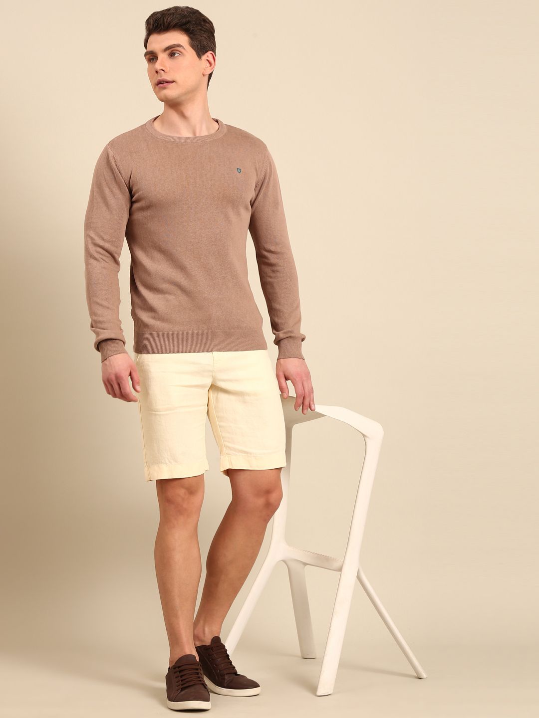 Linen Club Men's Linen Rich Brown Solid Contemporary Fit Full Sleeve Round Neck T-Shirts