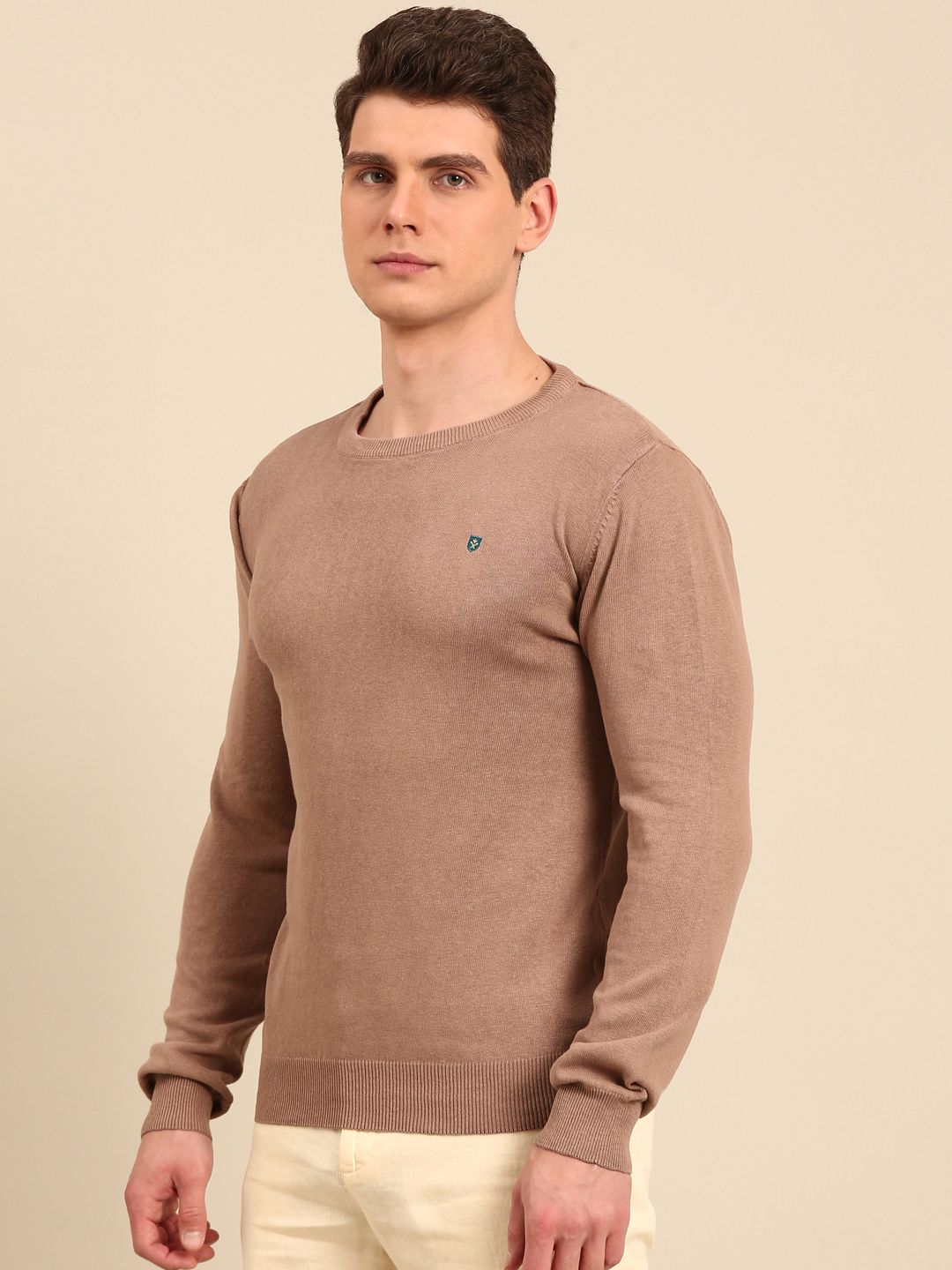 Linen Club Men's Linen Rich Brown Solid Contemporary Fit Full Sleeve Round Neck T-Shirts
