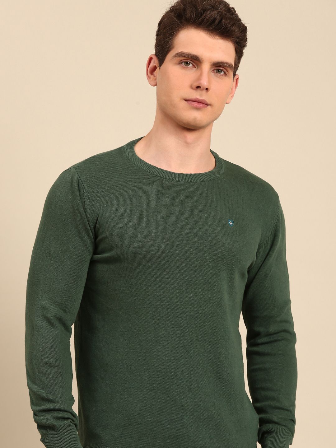Linen Club Men's Linen Rich Green Solid Contemporary Fit Full Sleeve Round Neck T-Shirts