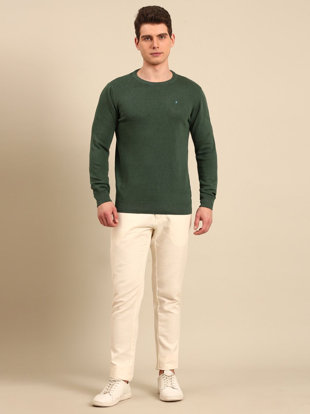 Linen Club Men's Linen Rich Green Solid Contemporary Fit Full Sleeve Round Neck T-Shirts