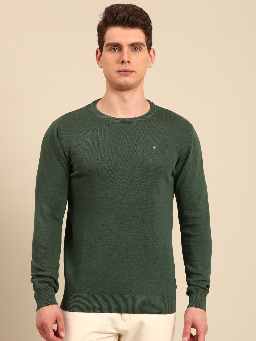 Linen Club Men's Linen Rich Green Solid Contemporary Fit Full Sleeve Round Neck T-Shirts
