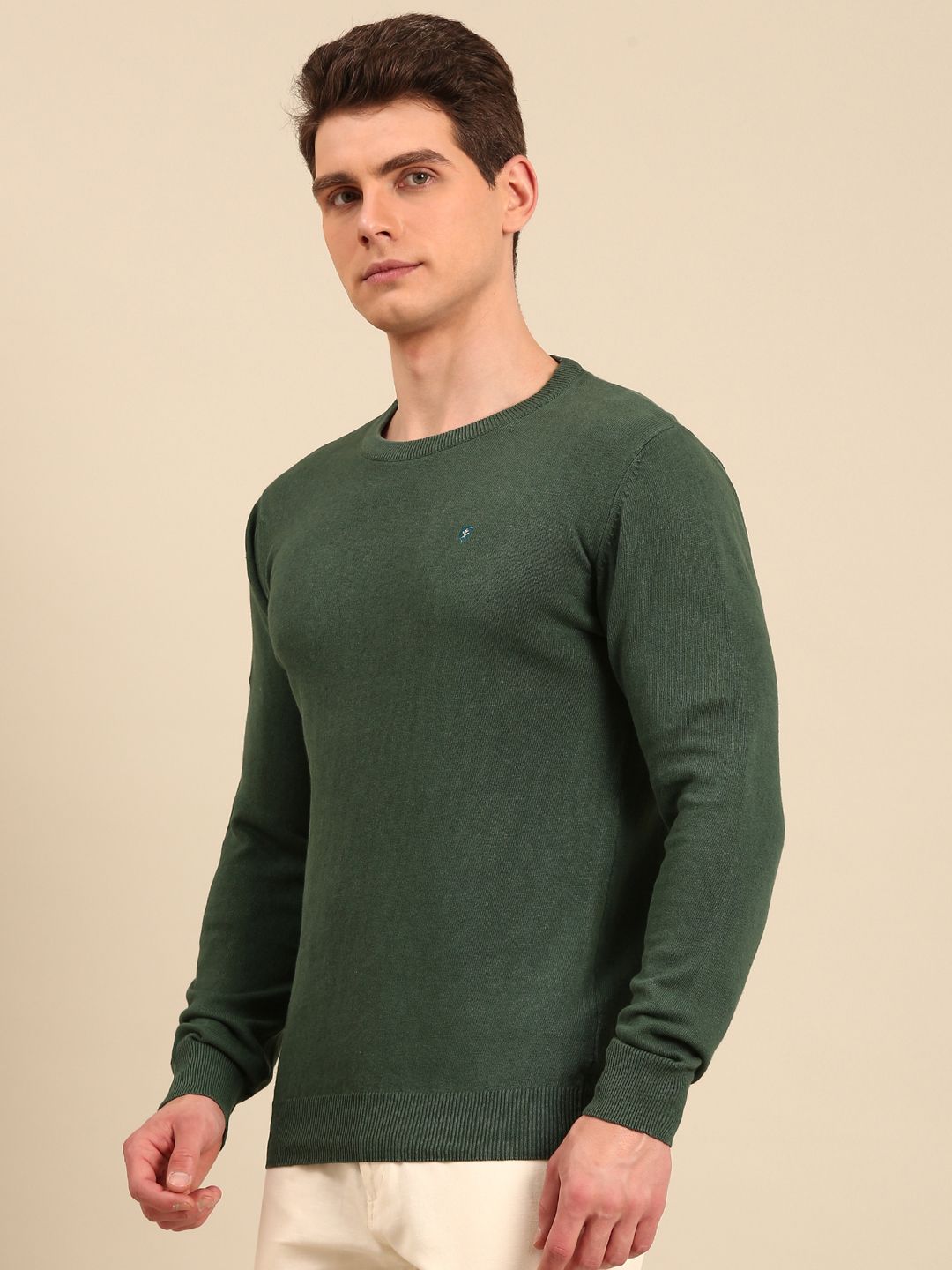 Linen Club Men's Linen Rich Green Solid Contemporary Fit Full Sleeve Round Neck T-Shirts