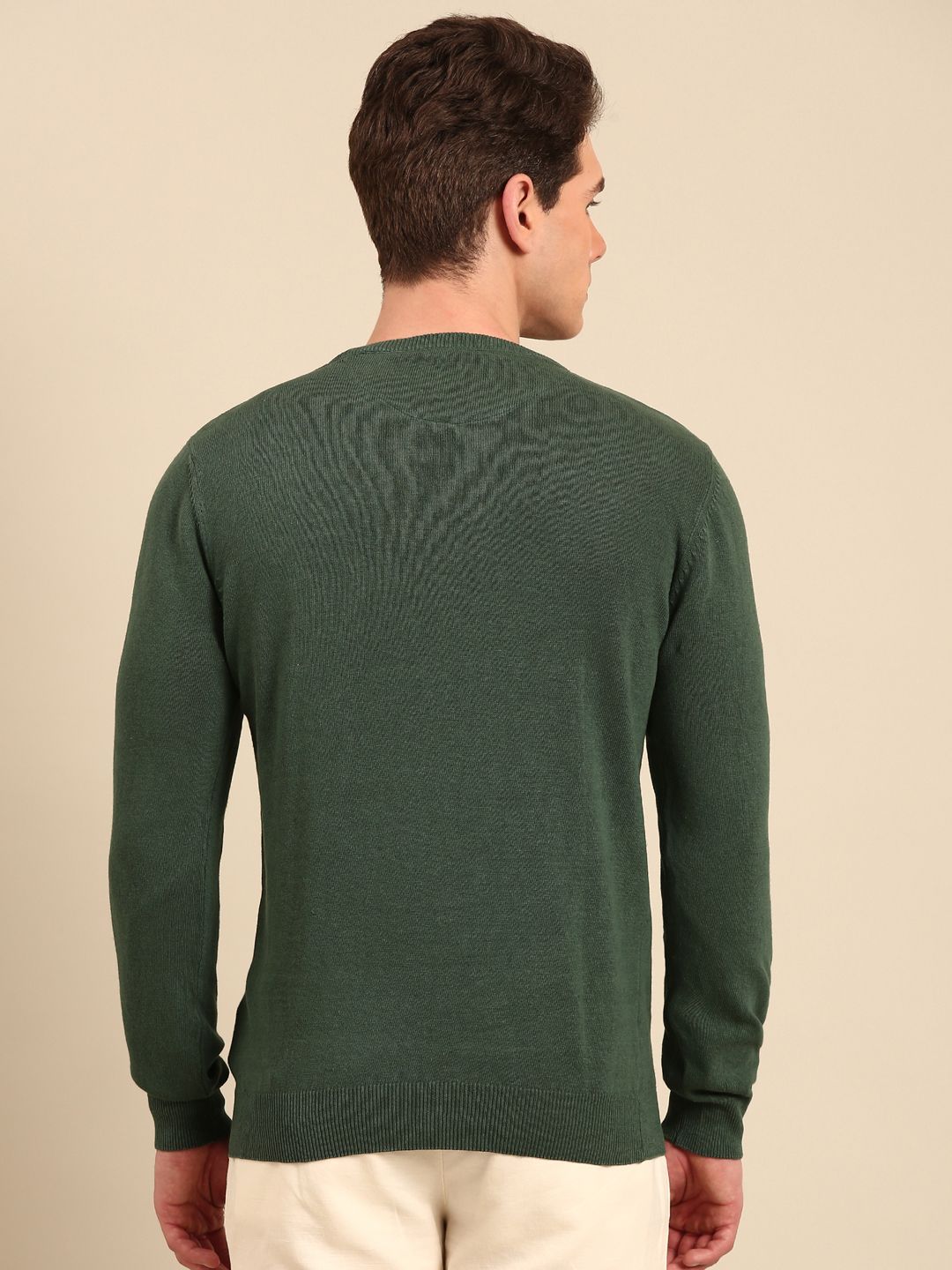 Linen Club Men's Linen Rich Green Solid Contemporary Fit Full Sleeve Round Neck T-Shirts