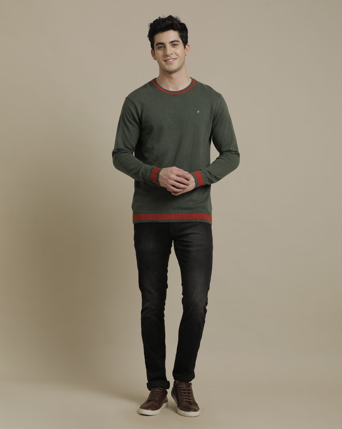 Linen Club Flat Knit Crew Neck Green Solid Full Sleeve T-shirt for Men