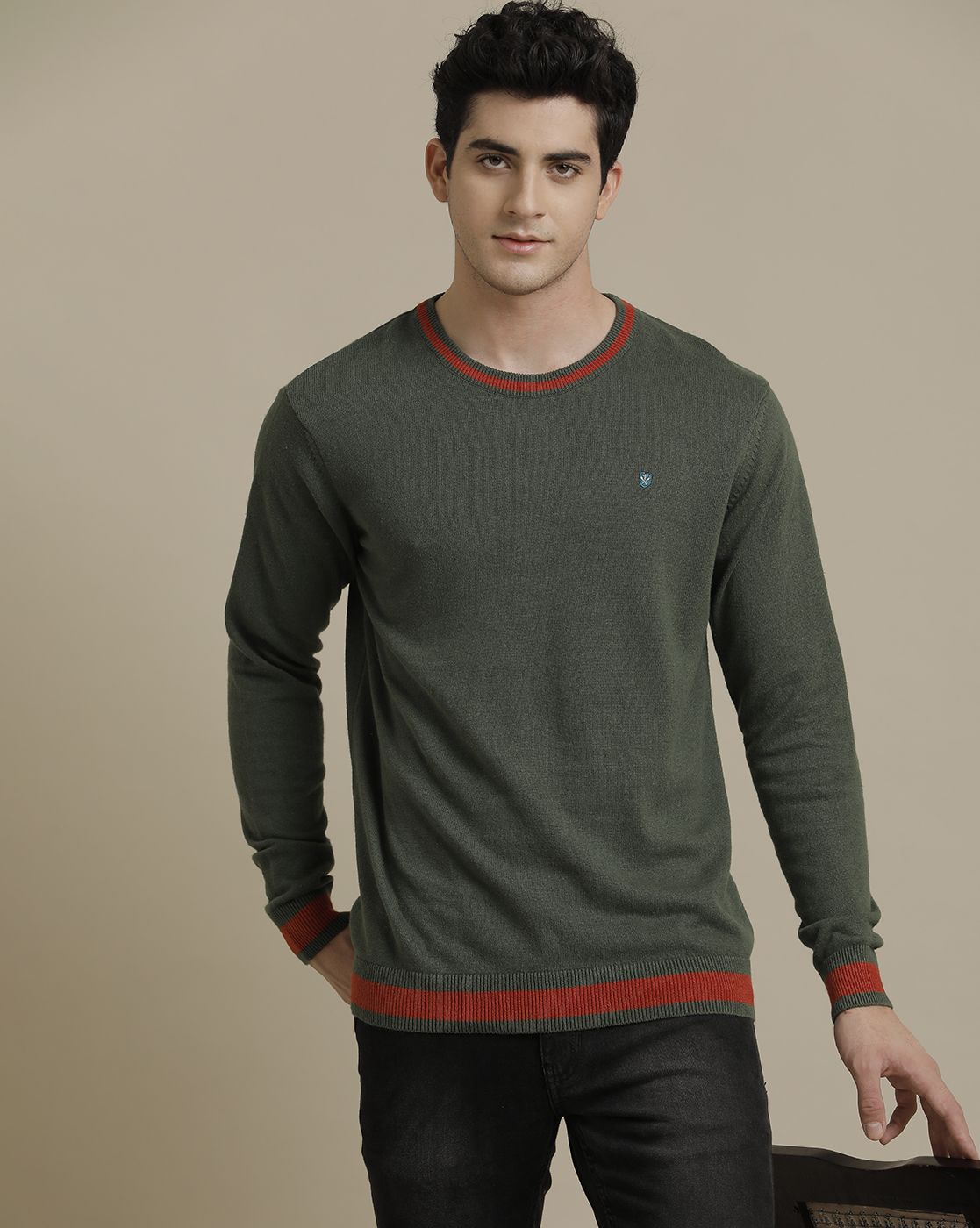 Linen Club Flat Knit Crew Neck Green Solid Full Sleeve T-shirt for Men