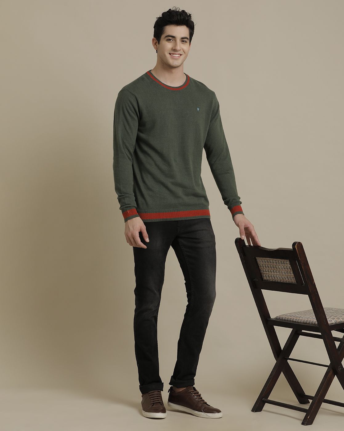 Linen Club Flat Knit Crew Neck Green Solid Full Sleeve T-shirt for Men