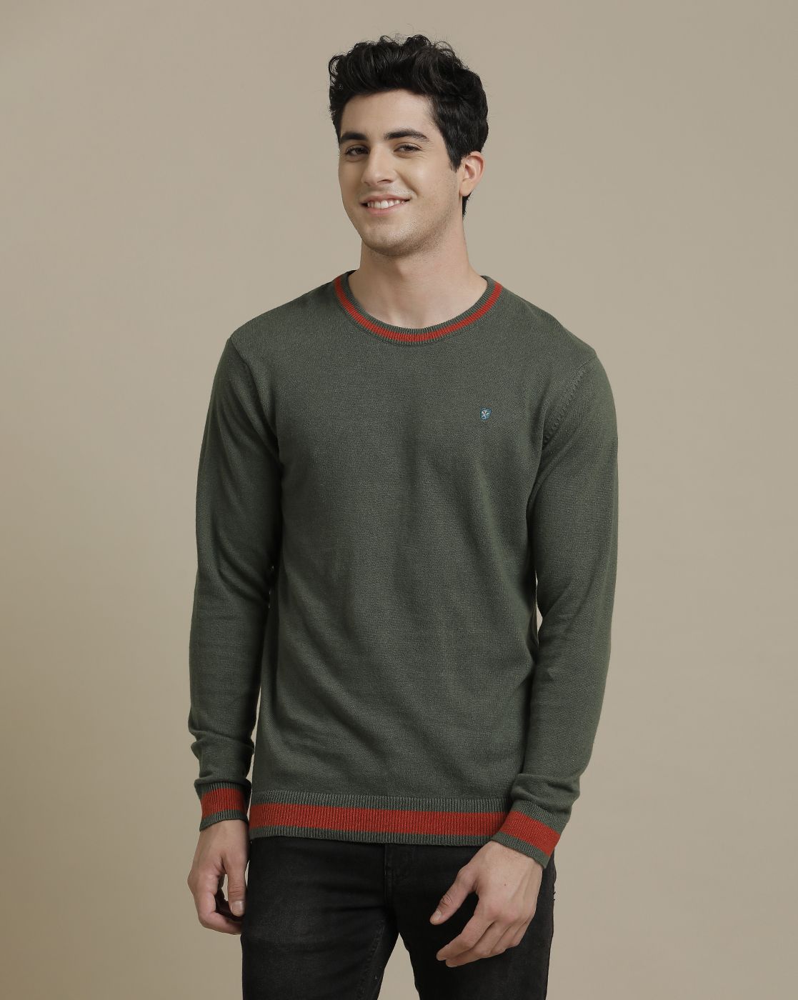 Linen Club Flat Knit Crew Neck Green Solid Full Sleeve T-shirt for Men