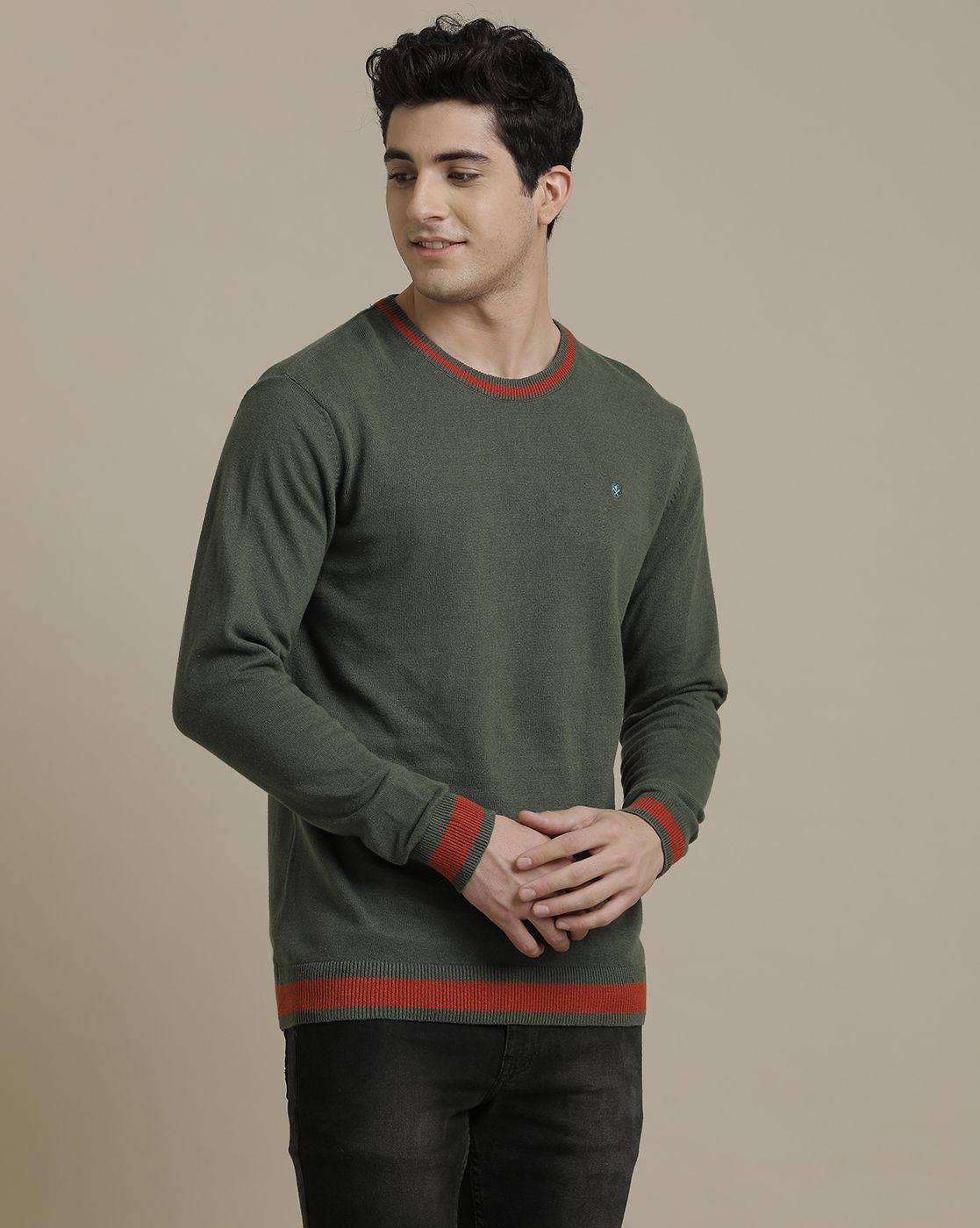 Linen Club Flat Knit Crew Neck Green Solid Full Sleeve T-shirt for Men