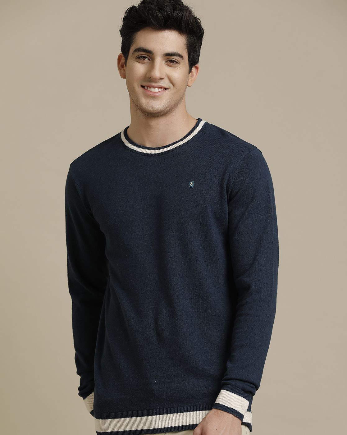 Linen Club Flat Knit Crew Neck Navy Blue Solid Full Sleeve T shirt for Men