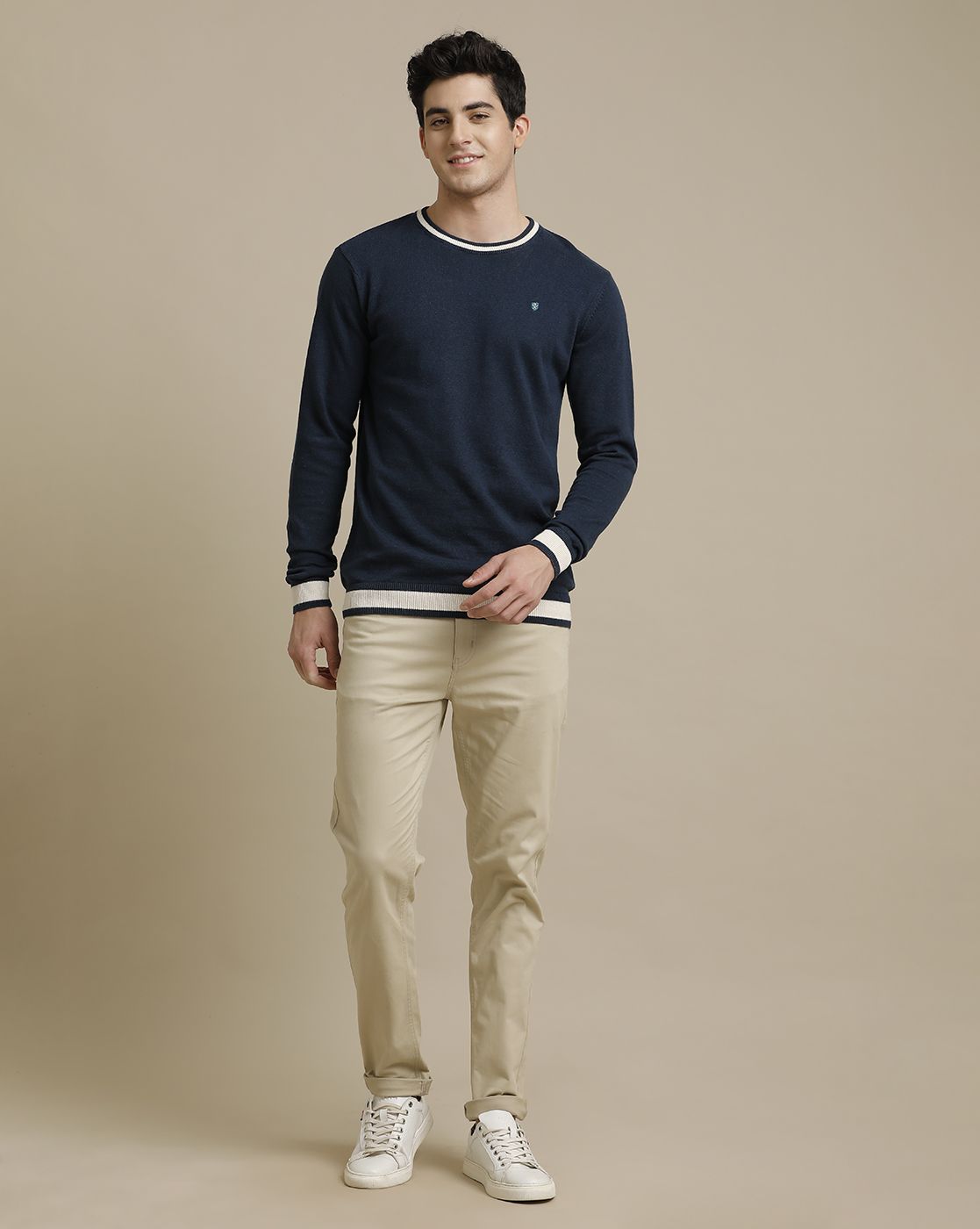 Linen Club Flat Knit Crew Neck Navy Blue Solid Full Sleeve T-shirt for Men