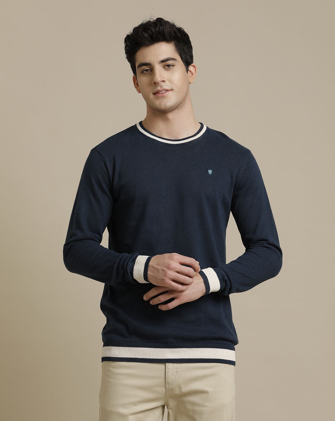 Linen Club Flat Knit Crew Neck Navy Blue Solid Full Sleeve T-shirt for Men