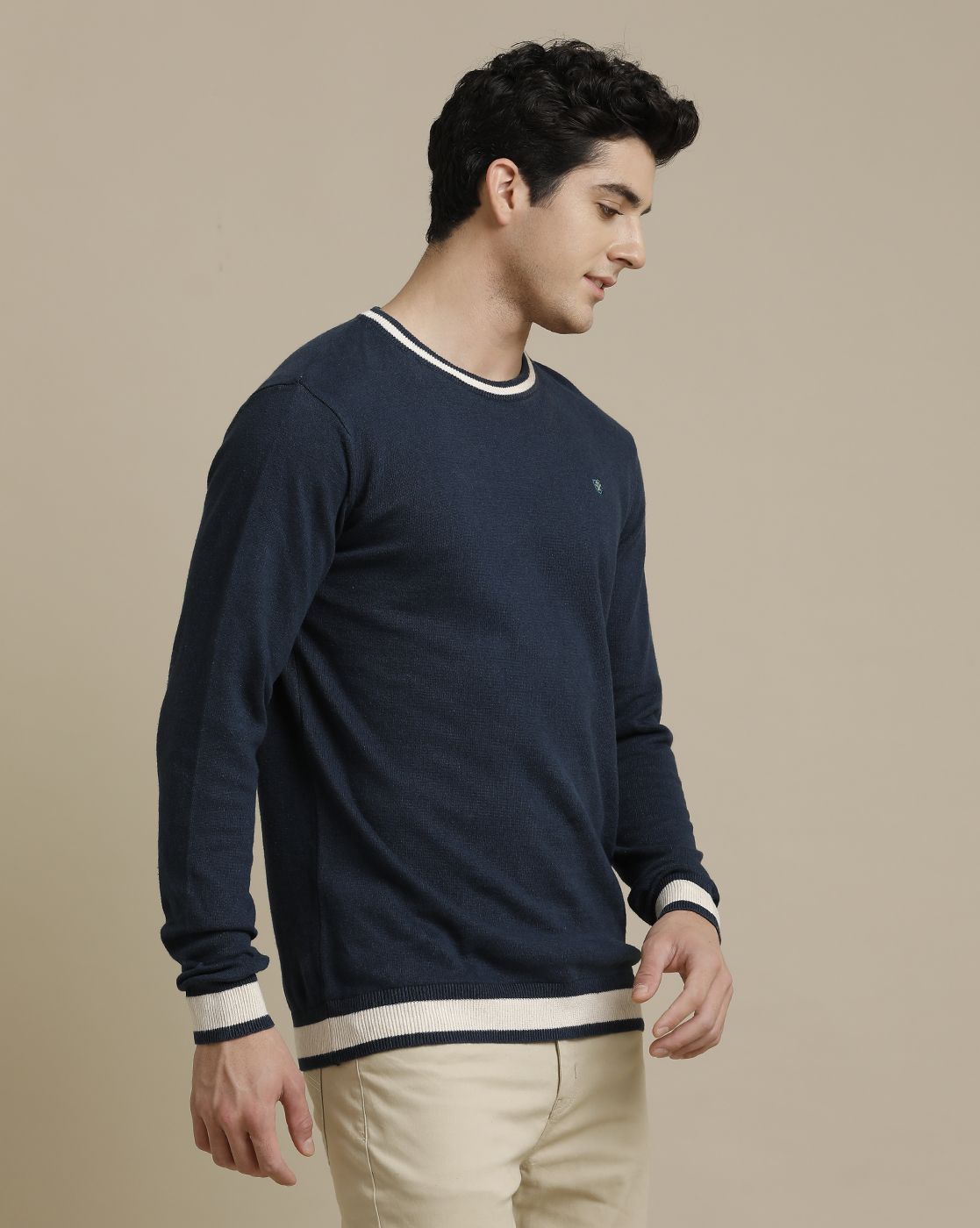 Linen Club Flat Knit Crew Neck Navy Blue Solid Full Sleeve T-shirt for Men