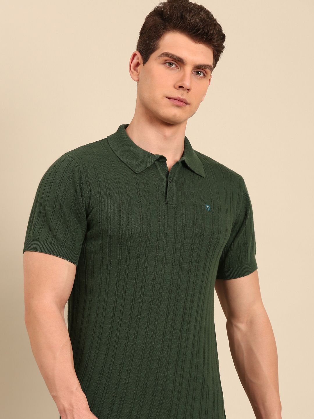 Linen Club Men's Linen Rich Green Solid Contemporary Fit Half Sleeve Polo Neck T-Shirts