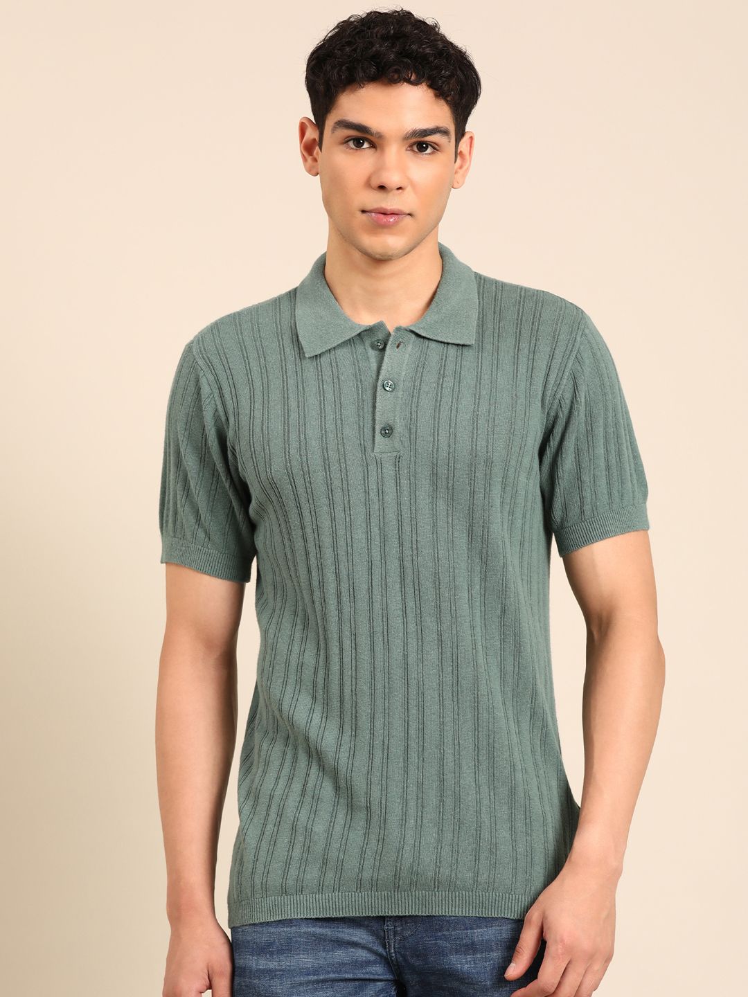 Linen Club Men's Linen Rich Green Solid Contemporary Fit Half Sleeve Polo Neck T-shirts