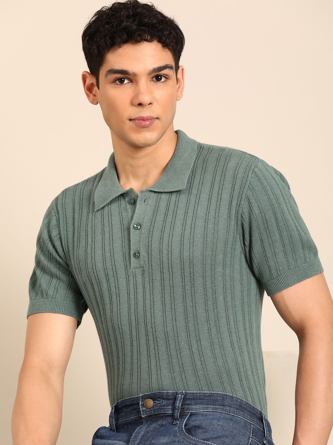 Linen Club Men's Linen Rich Green Solid Contemporary Fit Half Sleeve Polo Neck T-shirts